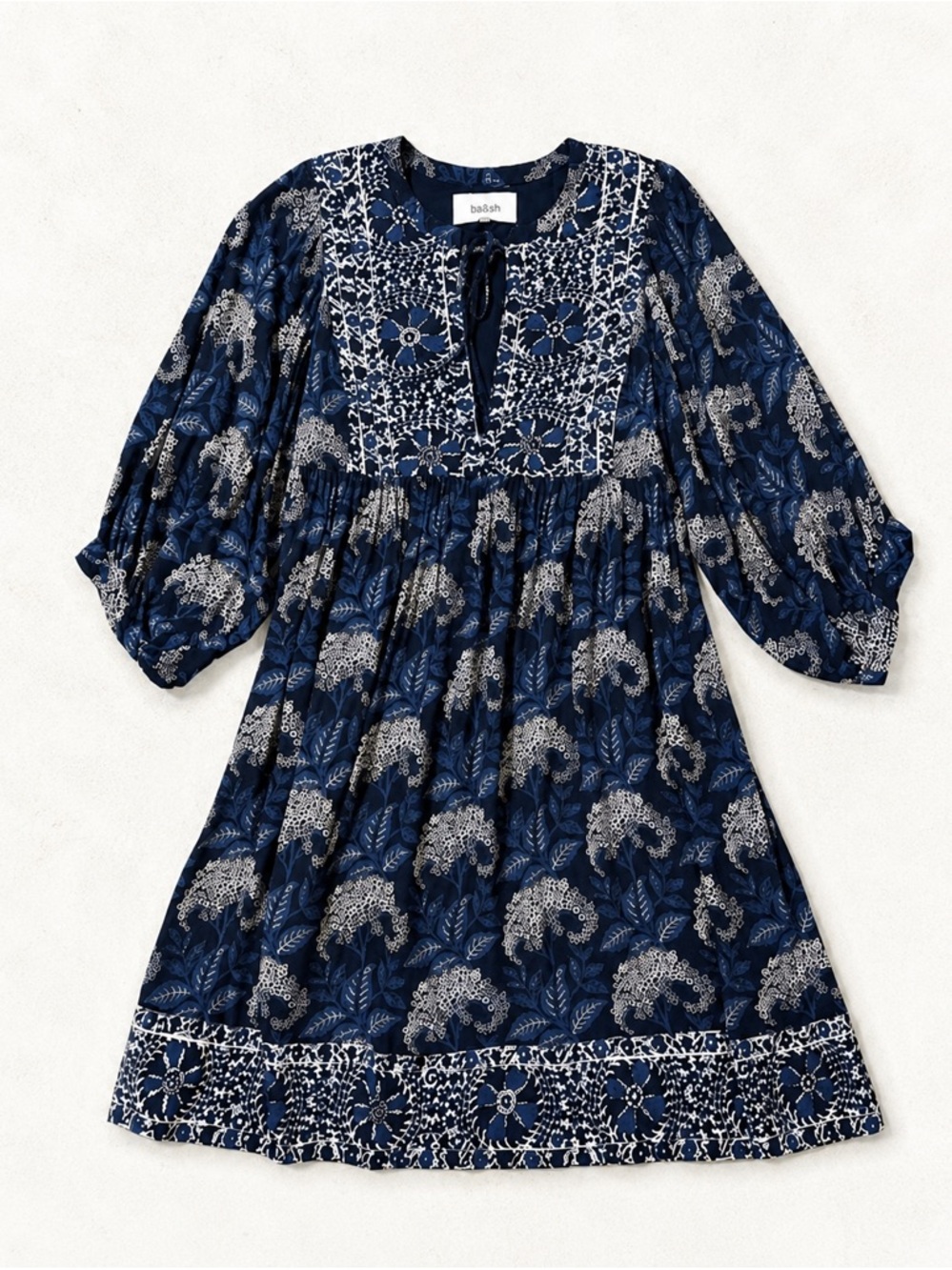 ba&sh Navy Floral Boho Tie-Neck Babydoll Dress - size 6